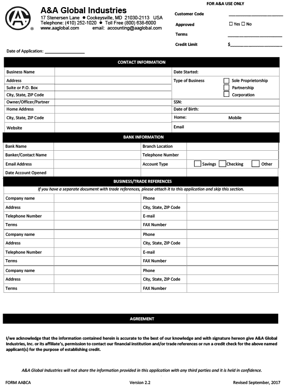 A&A Global Industries, Inc. > Credit Application